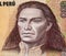 Tupac Amaru II portrait on Peruvian 500 intis (1987) banknote closeup, leader of indigenous rebellion against the