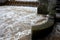 The turbid water during the flood falls from large dams and forms a lot of foam. fish pass is a neutrality for overcoming the heig