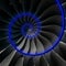 Turbine blades wings spiral blue neon glow effect abstract fractal pattern background. Spiral industrial production metallic turbi