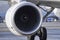 Turbine jet engine CFMI CFM56-5B passenger aircraft airbus A320, on the background of the runway. turbine blades, civil aviation,