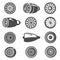 Turbine  turbomachine black and white isolated icons set. Airplane equipment  engine power  blades  fan