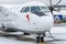 The turboprop aircraft view cockpit nose is parked at the airport.