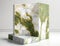 Turf and lichen pattern on a curved granite rock. Podium, empty showcase for packaging product presentation, AI