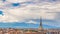 Turin Cityscape, Italy, Torino skyline, the Mole Antonelliana towering over the buildings. Wind storm clouds over the Alps in the