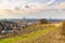 Turin cityscape, Torino, Italy at sunset, panorama from vineyard. Scenic colorful light and dramatic sky.