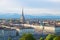 Turin skyline at sunset, Torino, Italy, panorama cityscape with the Mole Antonelliana over the city. Scenic colorful light and dra