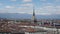 Turin, Torino, aerial timelapse skyline panorama with Mole Antonelliana, Monte dei Cappuccini and the Alps in the