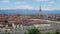 Turin, Torino, aerial timelapse skyline panorama with Mole Antonelliana, Monte dei Cappuccini and the Alps in the background.