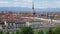 Turin, Torino, aerial timelapse skyline panorama with Mole Antonelliana, Monte dei Cappuccini and the Alps in the background.