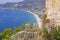 Turkey. Alanya 09.14.21 Old ruins, remains of an ancient fortress wall. You can see Cleopatra`s beach below