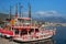 TURKEY, ALANYA - NOVEMBER 10, 2013: Small wooden ship waiting for a cruise in the Mediterranean Sea near the coast of Alanya.