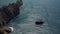 Turkey - Antalya: Wide angle Aerial pan shot of medieval view of pirate ship from the Citadel of Alanya showing blue Mediterranean