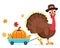 Turkey bird in a hat drags a cart with pumpkin and corn on a white background. Thanksgiving Day