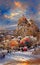 Turkey Cappadocia in winter, artwork sketch. Cappadocia houses inside the rocks, tourist place, illustration