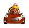 Turkey cartoon character with car