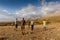 Turkey, Chamard - August 2, 2019: Five men walk along a valley in the Turkish national Park aladag with a view of the