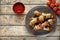 Turkey or chicken meat shish kebab skewers with ketchup sauce