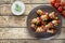 Turkey or chicken meat shish kebab skewers with tzatziki