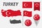 TURKEY. Collection of symbols in colors national flag on various objects isolated on white background. Flag, pointer, button,