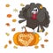 Turkey dancing on orange pumpkin, lettering Grateful Thankful Blessed falling leaves cartoons art design