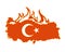 Turkey on Fire - vector line map and coat of arms in flames. Forest fires, natural disaster - Help Turkey.