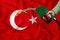 TURKEY flag Close-up shot on waving background texture with Fuel pump nozzle in hand. The concept of design solutions. 3d