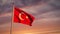 Turkey flag flying at sunset and waving in the sky - video animation