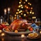 The turkey and the food and drinks on the table, the Christmas atmosphere, the lights make it a stunning advertising photo