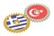 Turkey and Greece flags on a gears, 3D rendering