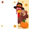 The Turkey in hat Peeps out from behind the white sheet and shows a like. Thanksgiving day