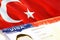 Turkey immigration document close up. Passport visa on Turkey flag. Turkey visitor visa in passport,3D rendering. Turkey multi