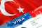 Turkey immigration visa. Closeup Visa to Turkey focusing on word VISA, 3D rendering. Travel or migration to Turkey destination