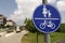 Turkey.Manavgat-June 2018. Cyclist & pedestrian road sign. Traffic in town.