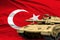 Turkey modern tank with not real design on the flag background - tank army forces concept, military 3D Illustration