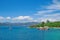 Turkey Mugla Marmaris Aegean sea. Boats in front of green mountains Turkish Mediterranean sea landscape. Yacht in Icmeler Turquois