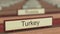 Turkey name sign among different countries plaques at international organization. 3D rendering