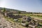 Turkey, Pamukkale. View of the necropolis of Hierapolis with the sarcophagus and the ruins of the crypt