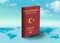 Turkey Passport on world map with clouds in background