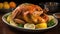 A turkey on a platter with lemons and parsley. Generative AI. Thanksgiving feast.
