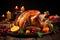 A turkey on a platter surrounded by fruit and candles. Generative AI. Thanksgiving feast.