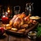 Turkey & Potatoes on Wooden Platter With Sauces