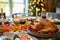 A turkey is seen sitting on a table while a glass of wine is placed beside it, Festive table setting with turkey, pie, and