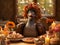 A turkey sitting at the head of the Thanksgiving table with vegetables, wearing a crown made of flowers, AI generated