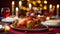 A turkey is sitting on a plate with cranberries and other holiday foods, AI