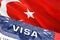 Turkey Visa Document, with Turkey flag in background. Turkey flag with Close up text VISA on USA visa stamp in passport,3D