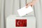 Turkey Vote concept. Voter hand holding ballot paper for election vote on polling station