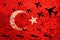 Turkish air strike with bombs. Modern Turkish warplanes drop bombs on the background of the flag. The Bombing Of Turkey