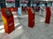 Turkish Airlines red self-service terminals at Ankara Esenboga Airport ESB. Row of check-in