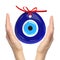 Turkish amulet. Evil eye. Over hands with white backgrounds , 3D Render , 3D illustration.