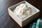 Turkish Appetizer Haydari with yogurt Tzatziki in square ceramic bowl.